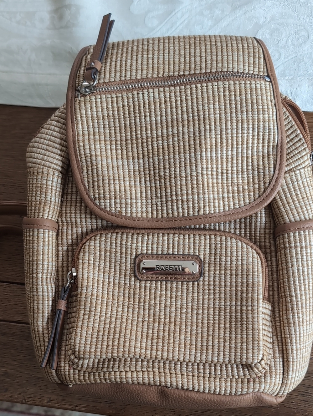Rosetti Woven Tan and Brown Mini Backpack